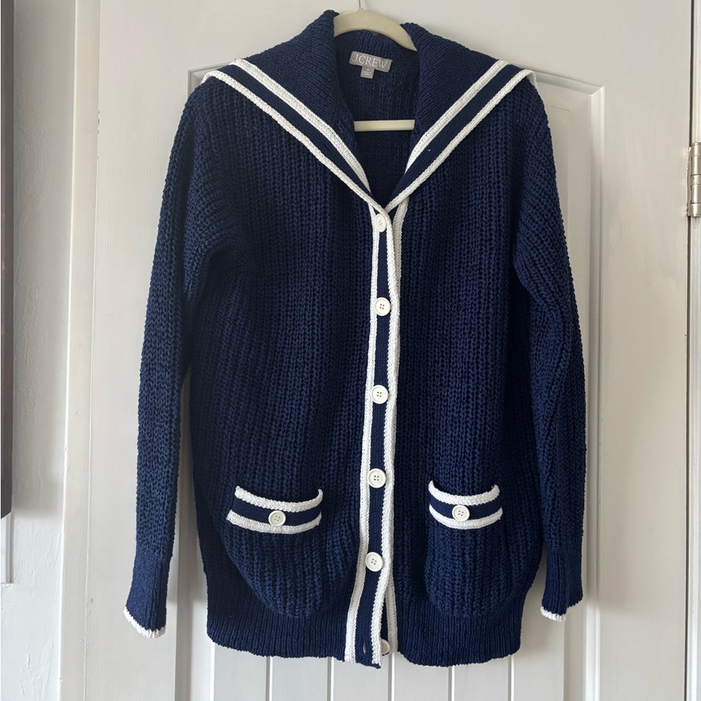 J Crew Navy Ribbed Sailor Collar Cardigan Sweater - Women medium - Picture 5 of 8